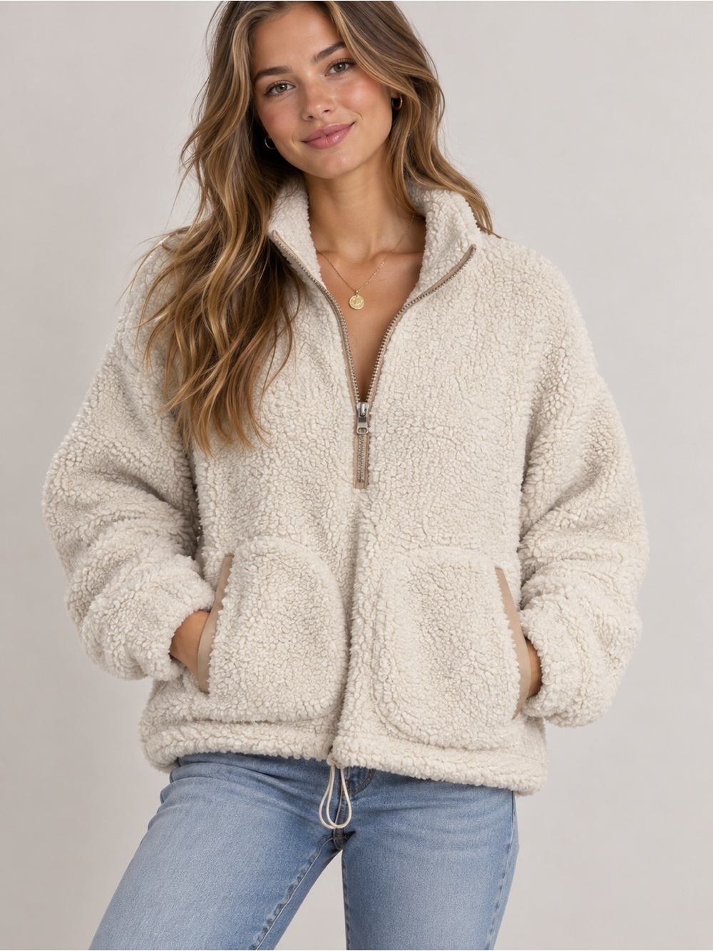 No Boundaries Women’s S Cream Sherpa Fleece Quarter Zip Pullover Drawstring